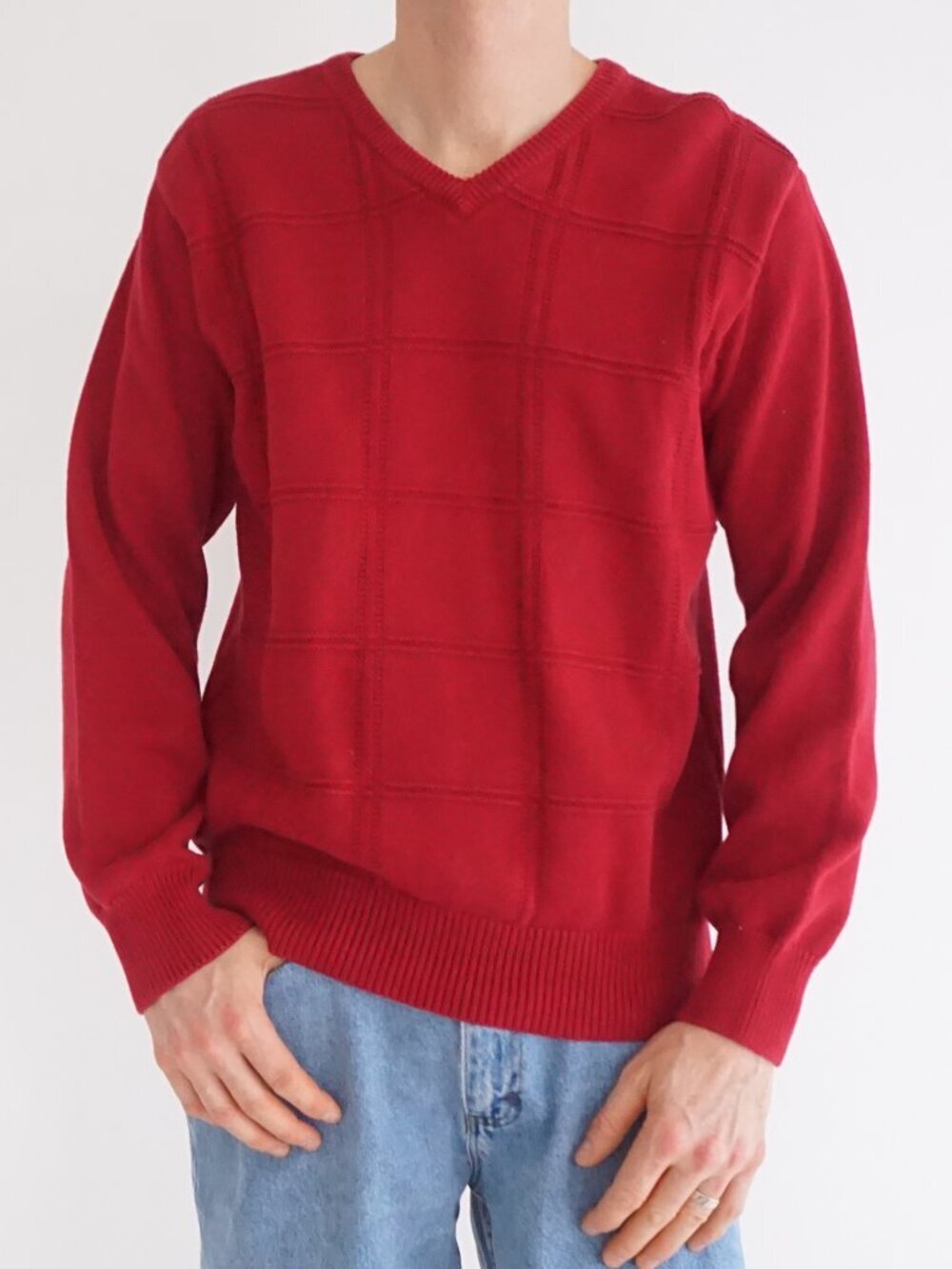 Vintage Dunnes Red Grid Knit Holiday Fisherman Cotton Pullover Sweater Classic L